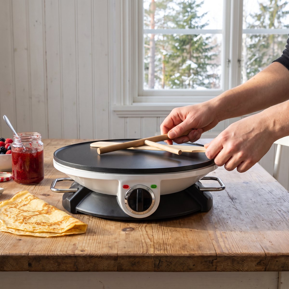 Steba CR32 på ett träbord i ett svenskt hem med crêpes och sylt bredvid