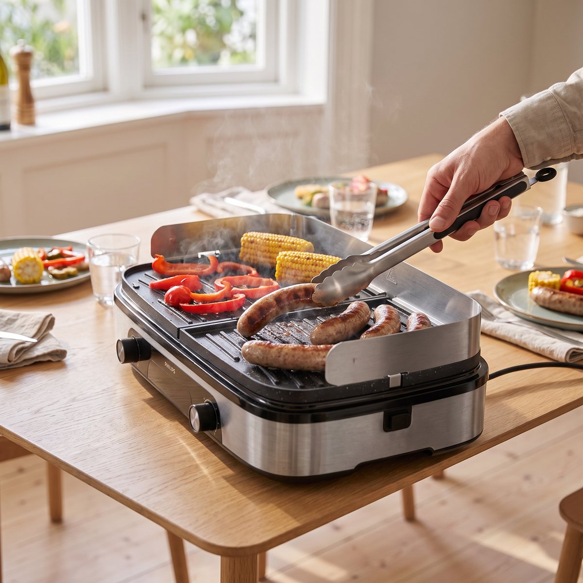 Philips 5000 Series HD6222 bordsgrill med stänkskydd på ett köksbord i ett ljust svenskt hem, med korv, paprika och majs på plattorna