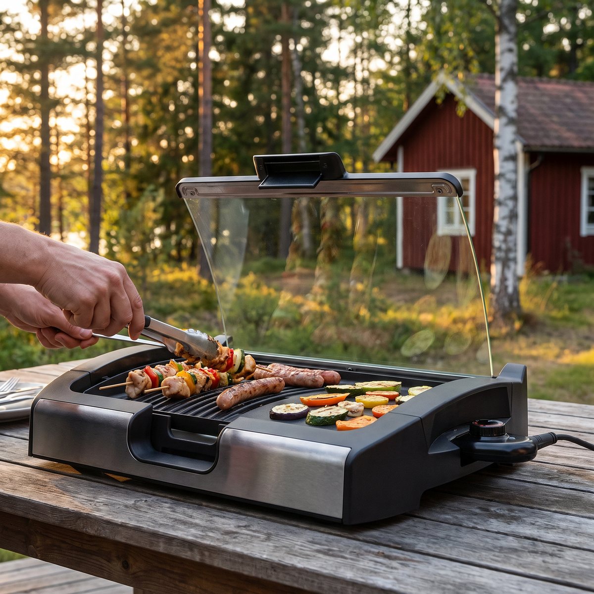 Steba VG200 bordsgrill med uppfällt glaslock på ett träbord på en svensk trätrall, med spett, korv och grönsaker och en röd stuga i skogen bakom