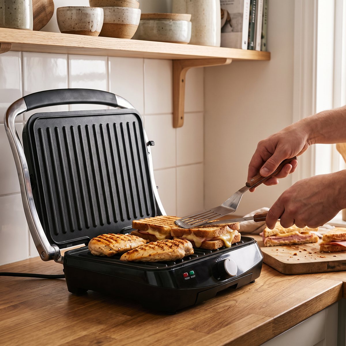 Wilfa CG-2000B kontaktgrill uppfälld på en köksbänk i ett svenskt kök, med grillade smörgåsar och kycklingfilé på plåtarna
