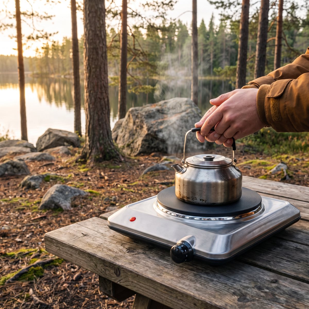 Severin KP 1092 enkel kokplatta i rostfritt stål på ett utebord vid en svensk sjö med en kaffekittel