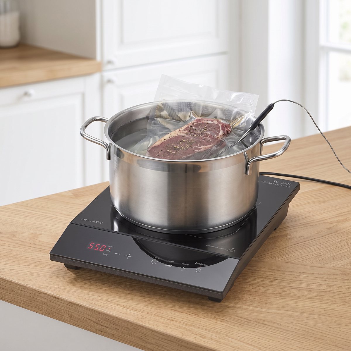 Caso TC 2400 Thermo Control med en kastrull som sous vide-bad och temperaturgivaren i vattnet, på en ljus ekbänk i ett svenskt kök