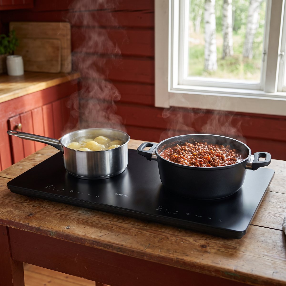 Severin DK 1033 med potatis i en kastrull på vänster zon och köttfärssås på höger, på ett träbord i ett rödmålat stugkök