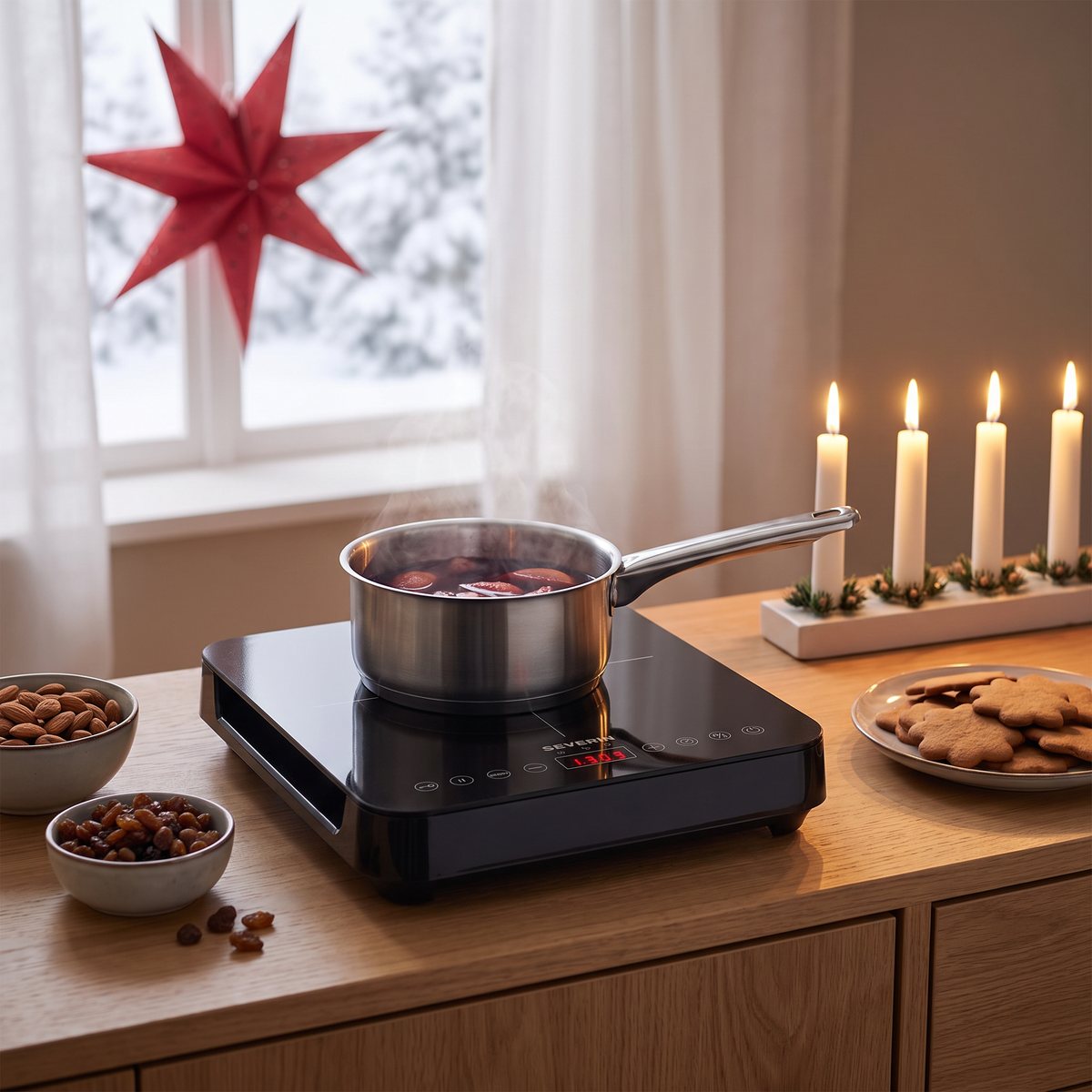 Severin KP 1025 med en kastrull glögg bredvid mandlar, russin och pepparkakor, med adventsljusstake och julstjärna i fönstret