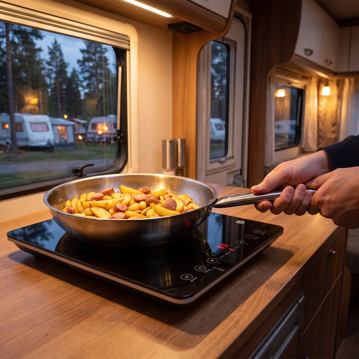 Wilfa ICP-1800B med en stekpanna med stekt potatis och korv på bänken i en husvagn, med tallar på campingen utanför