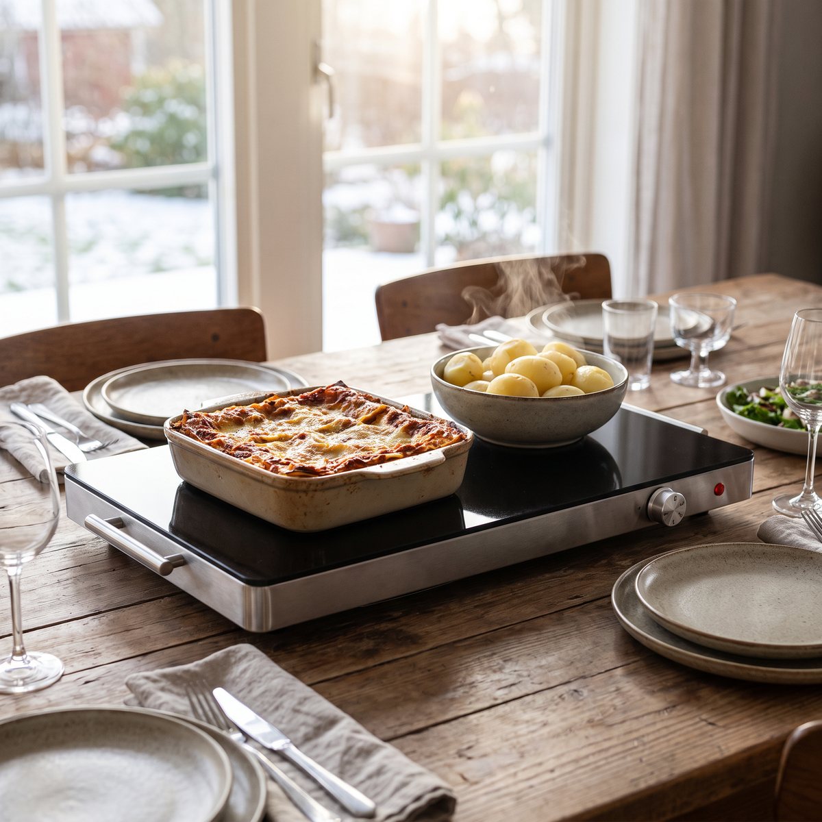 Gastroback värmeplatta i glaskeramik på ett dukat middagsbord i ett svenskt hem med lasagne och potatis ovanpå