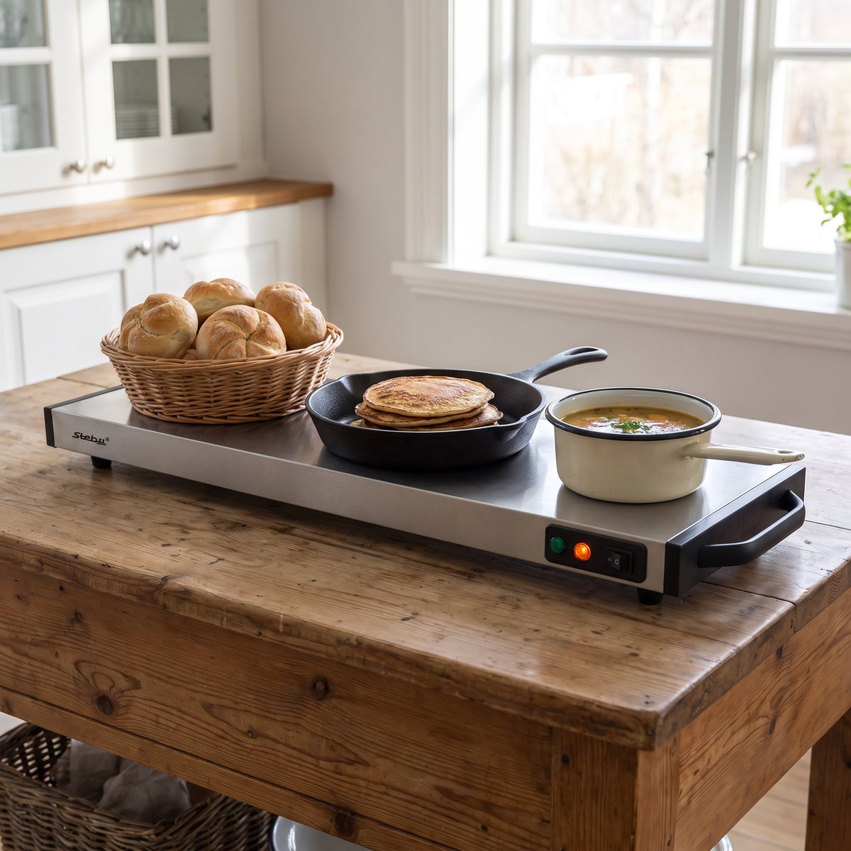 Steba WP120 på en köksö i ett svenskt kök med korgen med frallor, pannkakor och en kastrull soppa ovanpå
