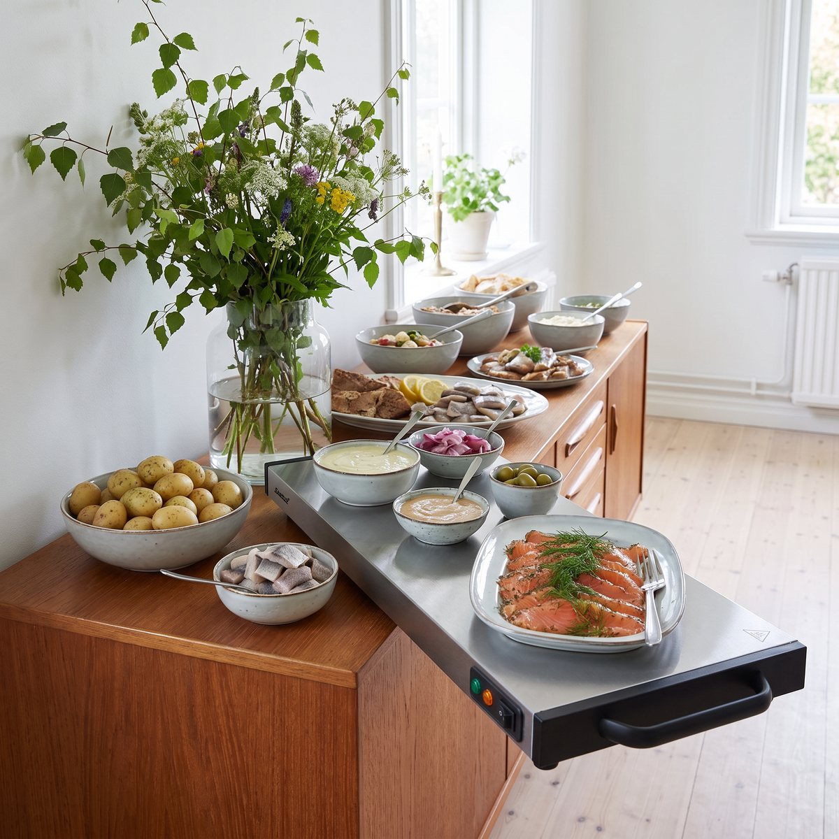 Steba WP130 på en skänk i en svensk matsal med ett smörgåsbord av gravad lax, potatis och såser