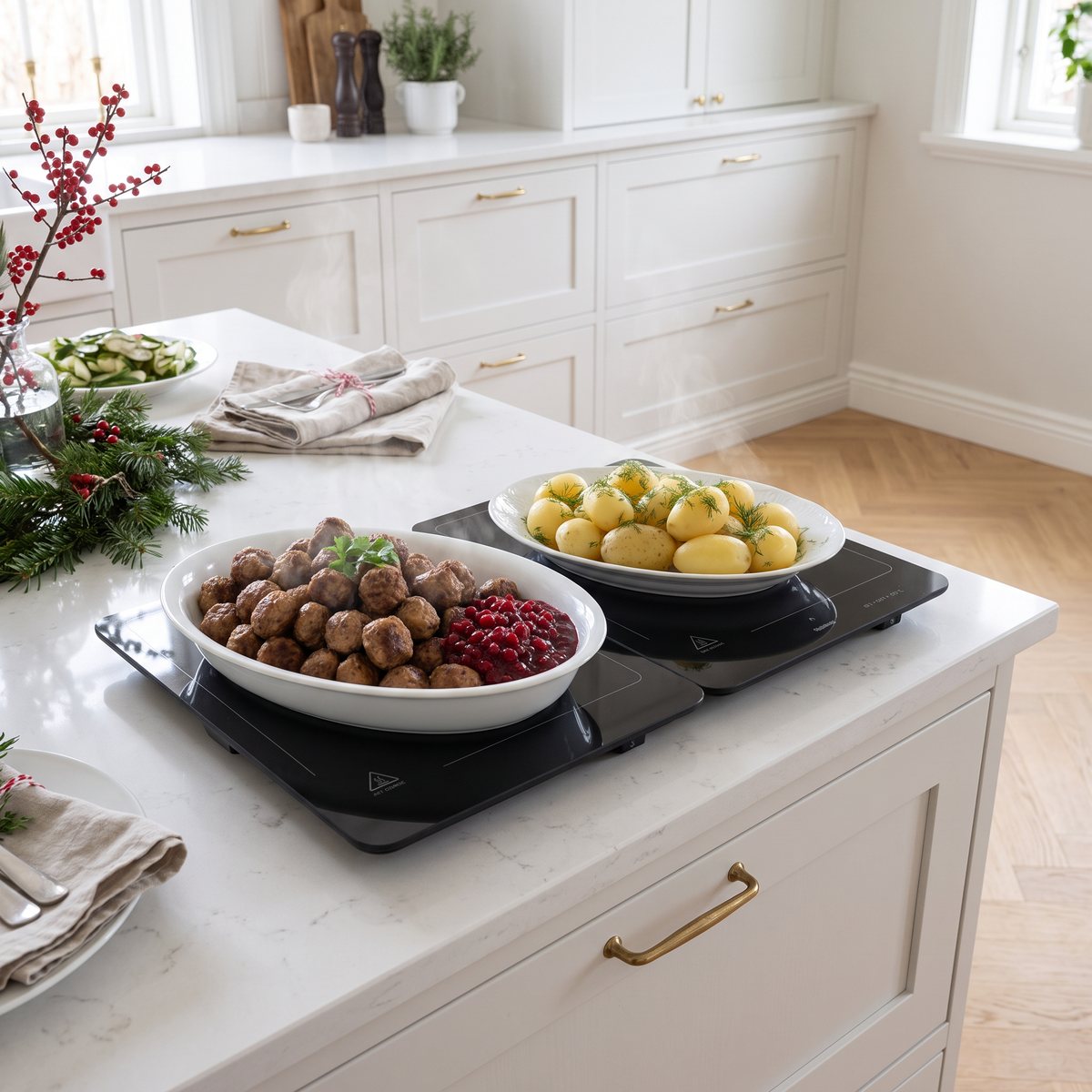 Steba WP300 uppfälld på en vit köksö i ett svenskt kök med köttbullar och kokt potatis på värmeplattan