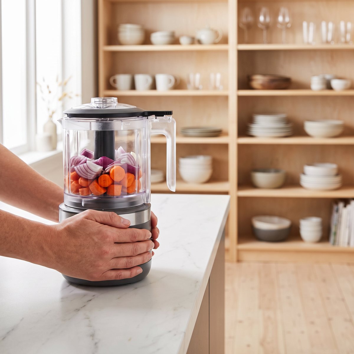 Grå sladdlös KitchenAid matberedare med hackad rödlök och morötter i ett svenskt kök
