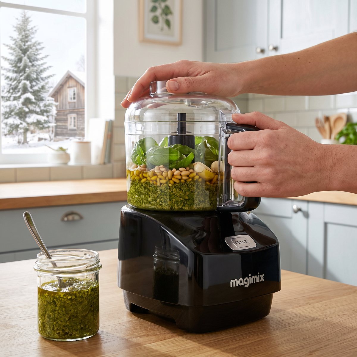 Svart Magimix minihackare med pesto under tillagning i ett svenskt kök