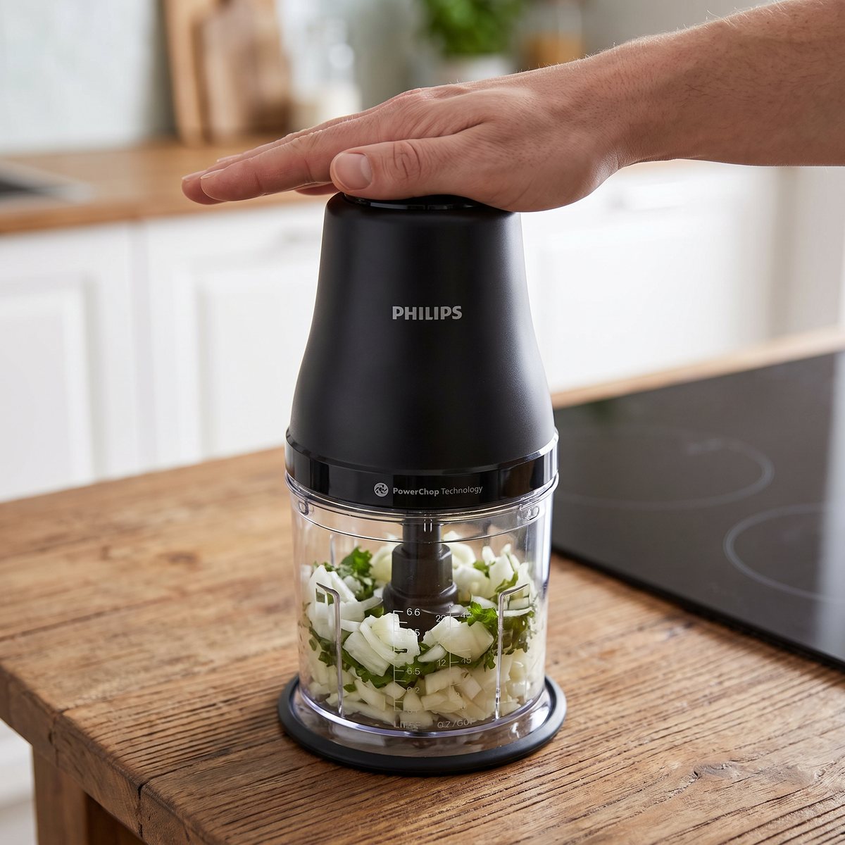 Svart Philips hackare med hackad lök och örter på ett träbord i ett svenskt kök