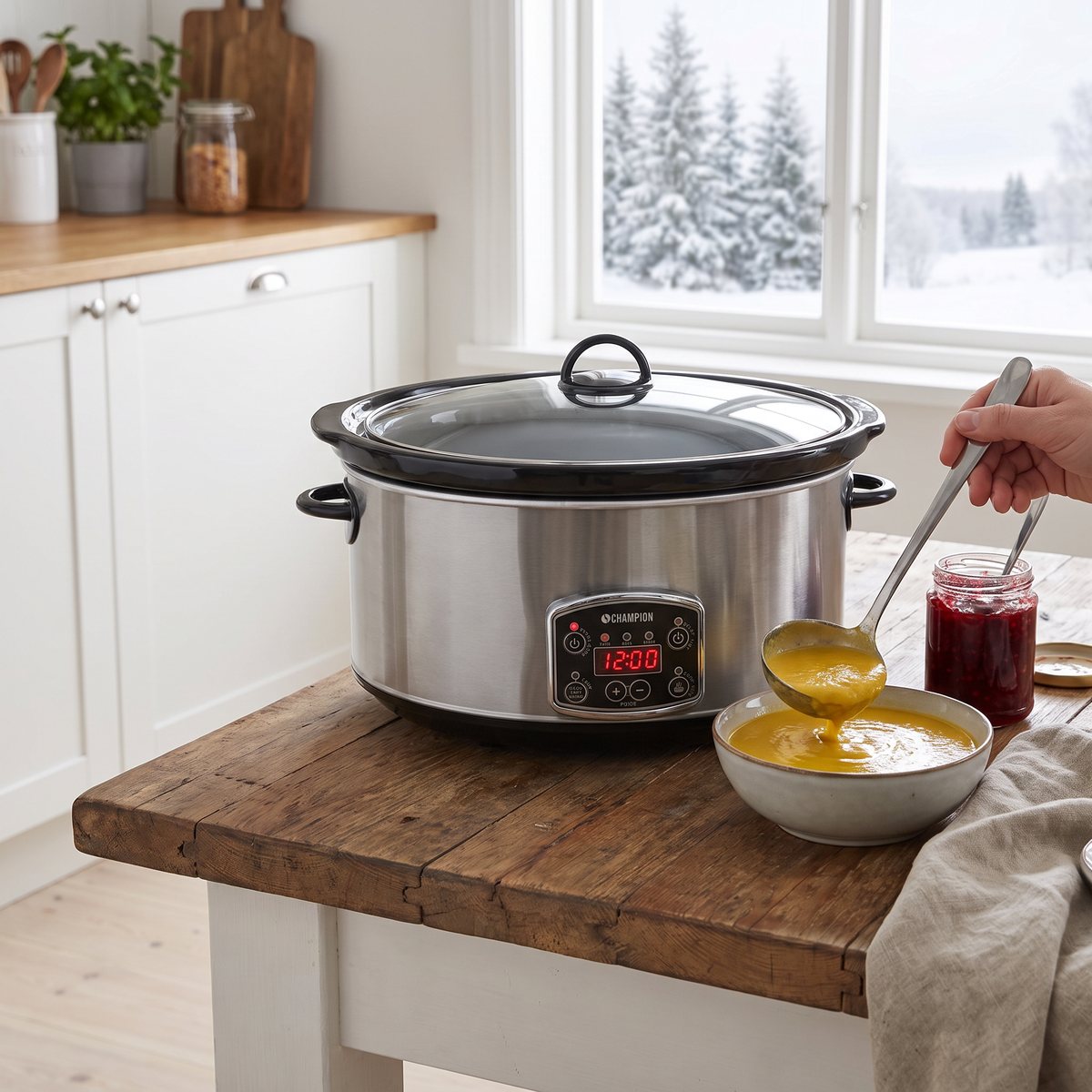 Champion slowcooker på ett svenskt köksbord med en slev gul soppa och lingonsylt bredvid