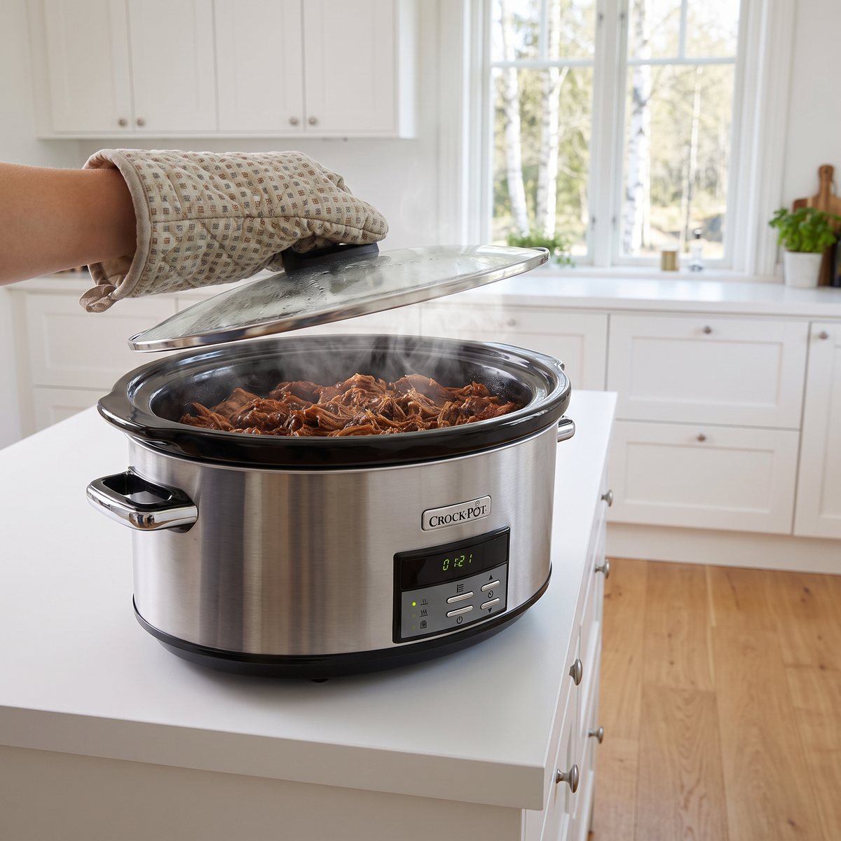 Crock-Pot slow cooker på 7,5 liter med lyft lock och pulled pork i ett ljust svenskt kök