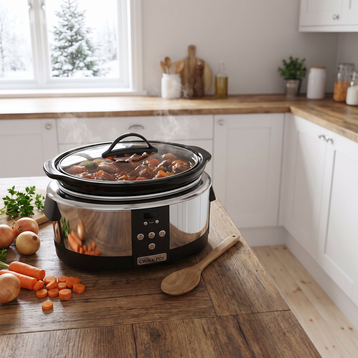 Crock-Pot Next Generation slow cooker med lock på ett träbord i ett svenskt kök, fylld med nylagad gryta