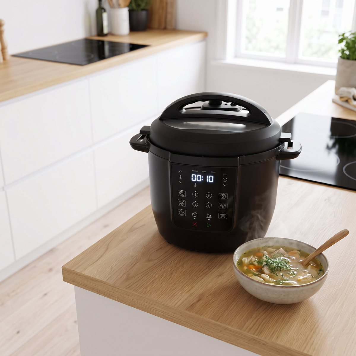 Instant Pot multicooker på en köksbänk i ett svenskt kök med en skål kycklingsoppa bredvid