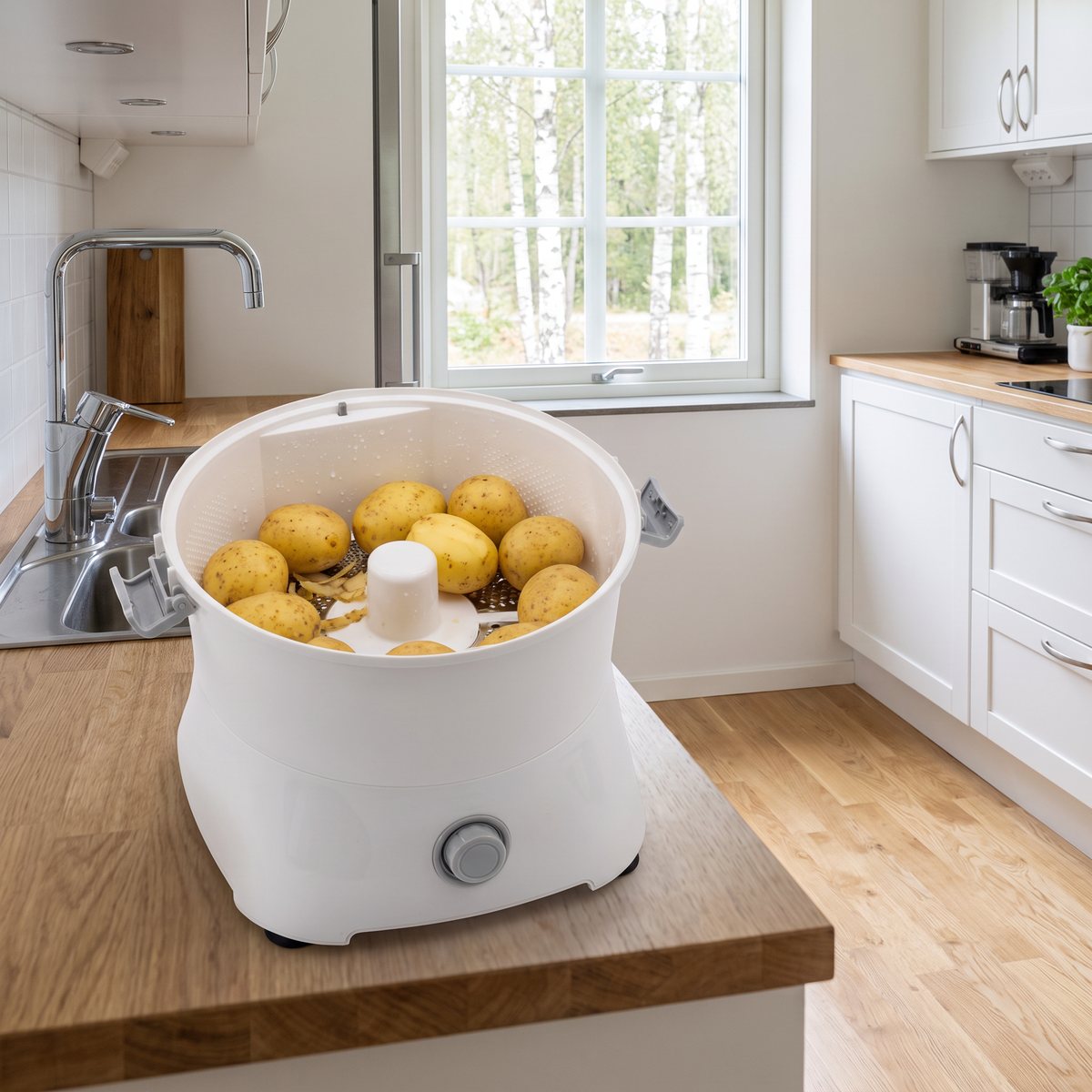 Champion PS110 med salladsslunga fylld med potatis på en bänkskiva i ett svenskt kök