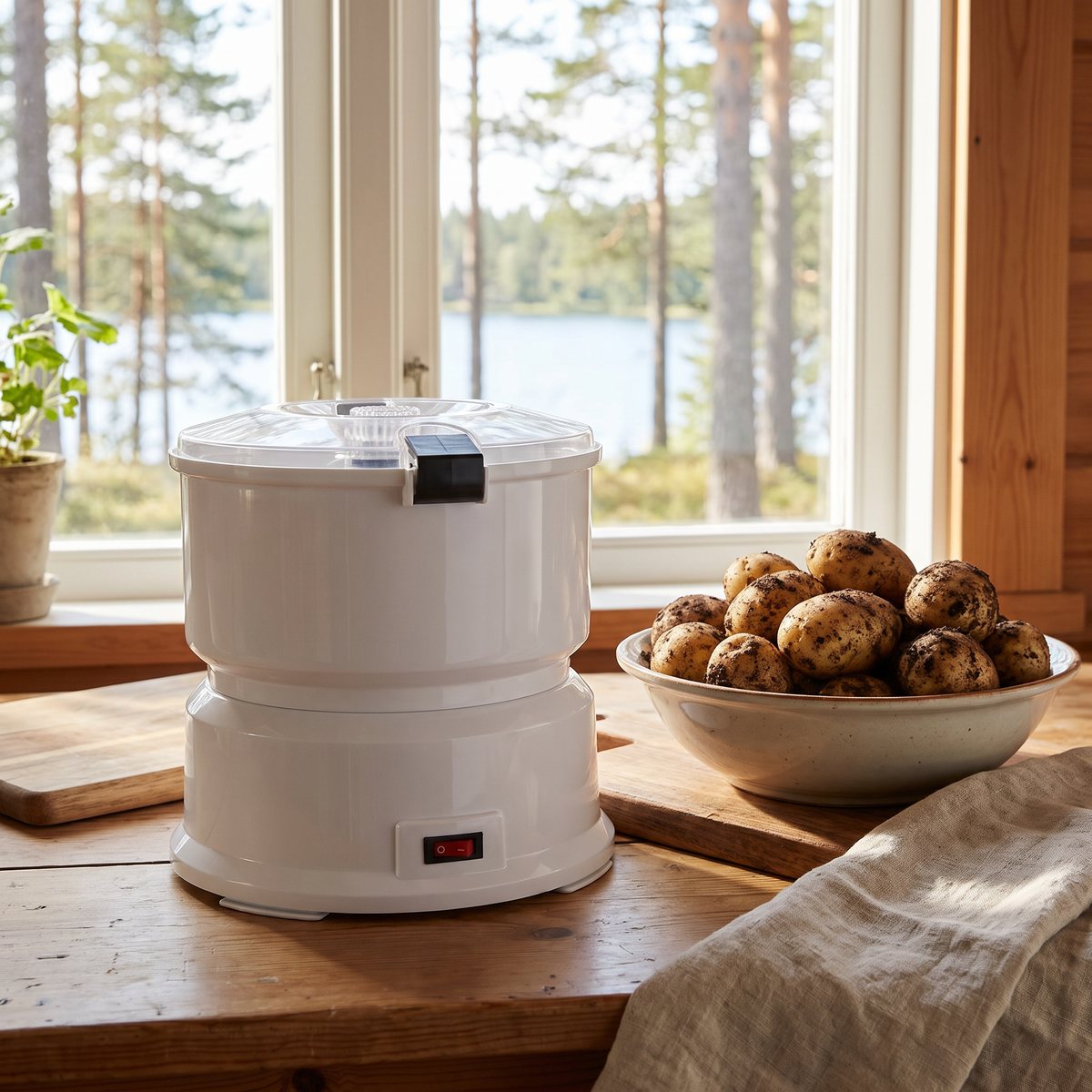 Essentials elektrisk potatisskalare på ett träbord i en svensk stuga med skål med nygrävd potatis