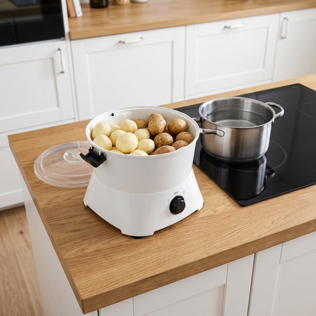 Rubicson automatisk potatisskalare med skalad och oskalad potatis bredvid en kastrull i ett svenskt kök