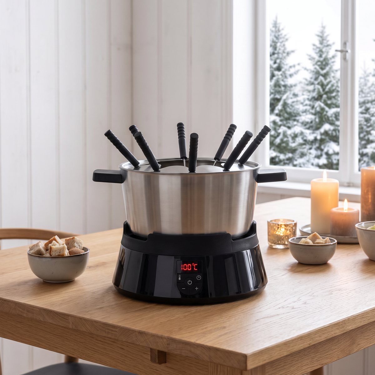 Caso fonduegryta i rostfritt stål med svart bas och åtta gafflar på ett ekbord i ett svenskt hem en vinterdag