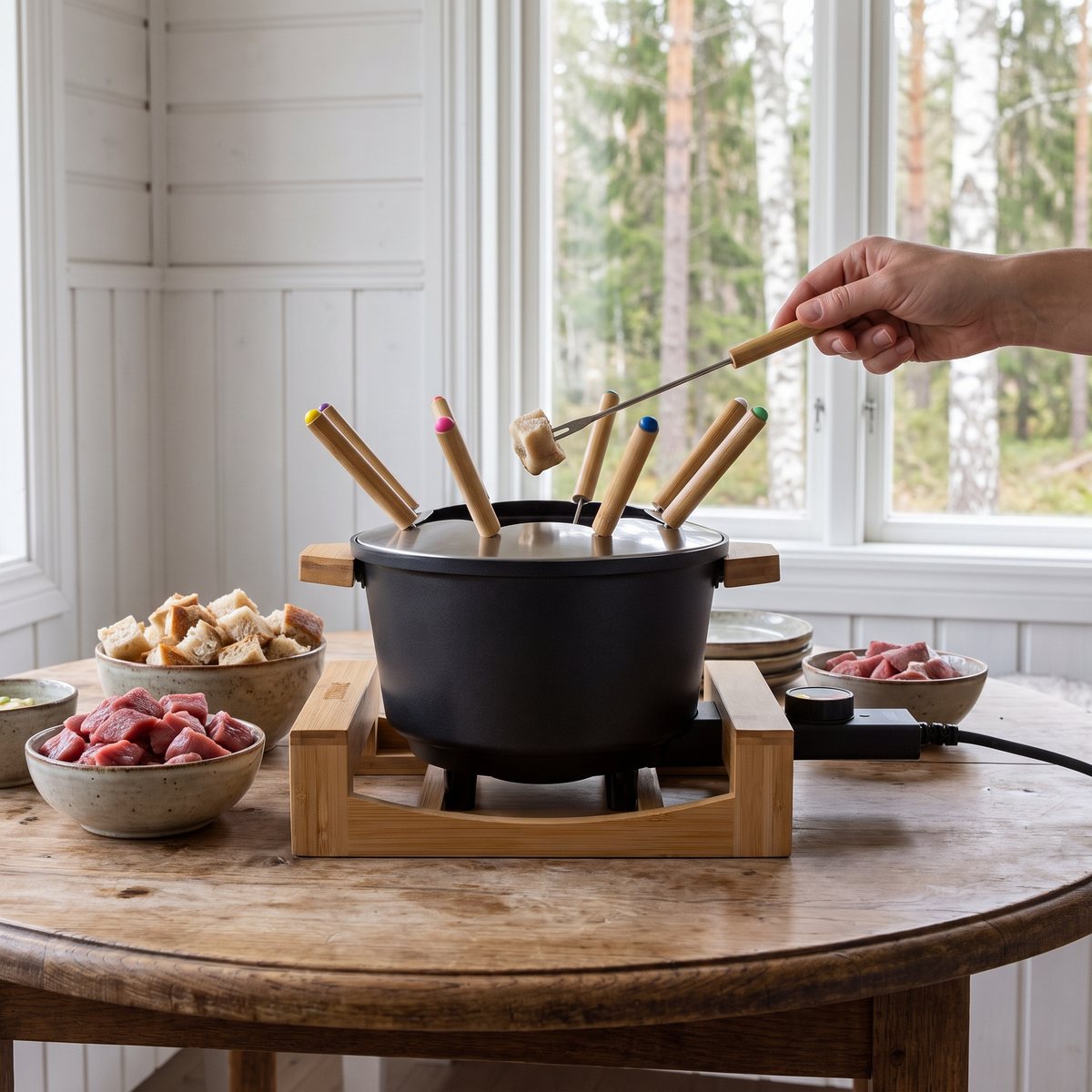 Princess Pure fondueset med bambuställ och bambugafflar på ett runt träbord i en svensk matsal med björk och tall utanför fönstret