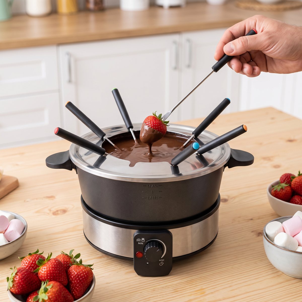 Taurus fondue med svart gryta och gafflar med färgade toppar, där en jordgubbe doppas i choklad på ett furubord i ett svenskt kök