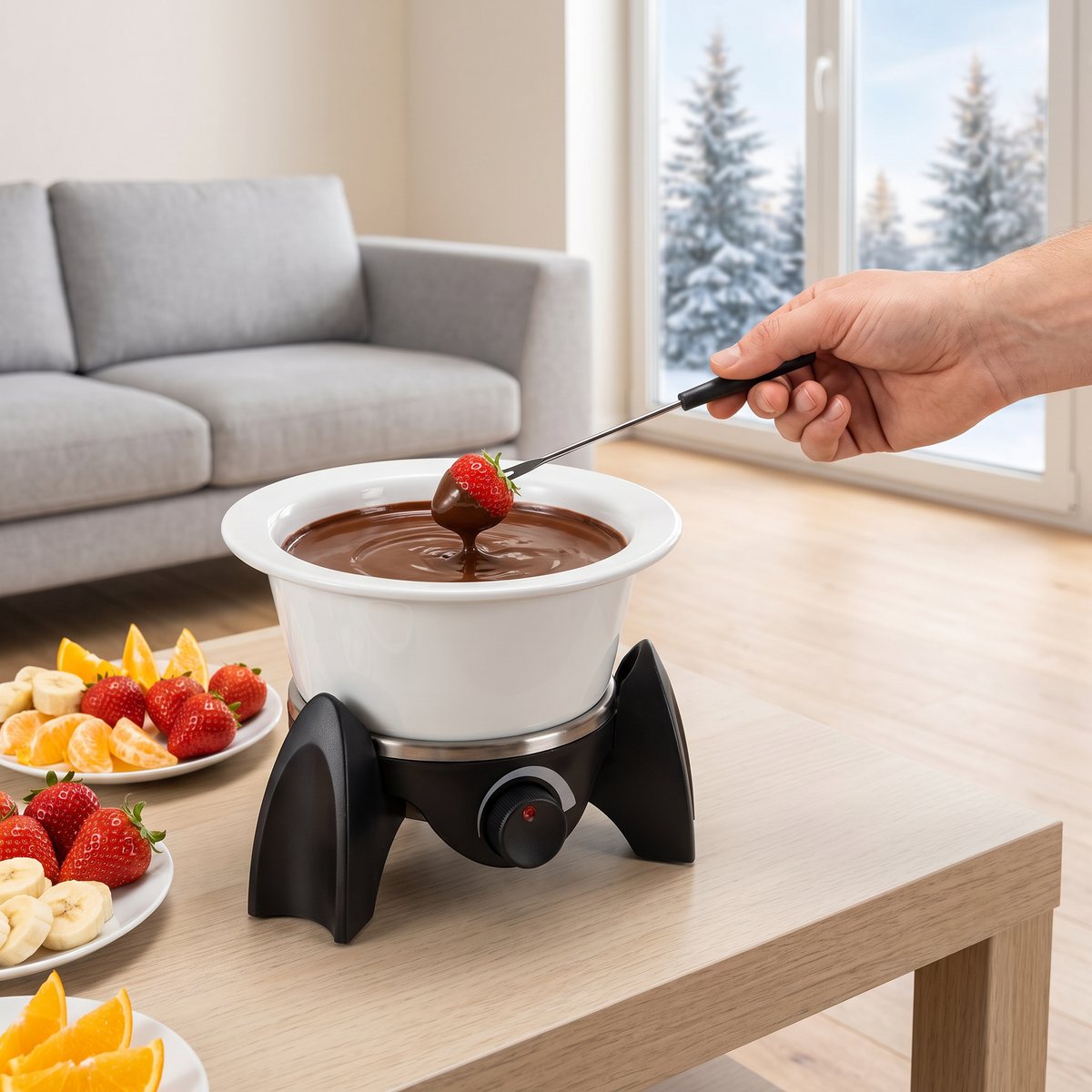 Unold fondue med vit keramikskål och smält choklad på ett bord i ett ljust svenskt vardagsrum, där en jordgubbe doppas