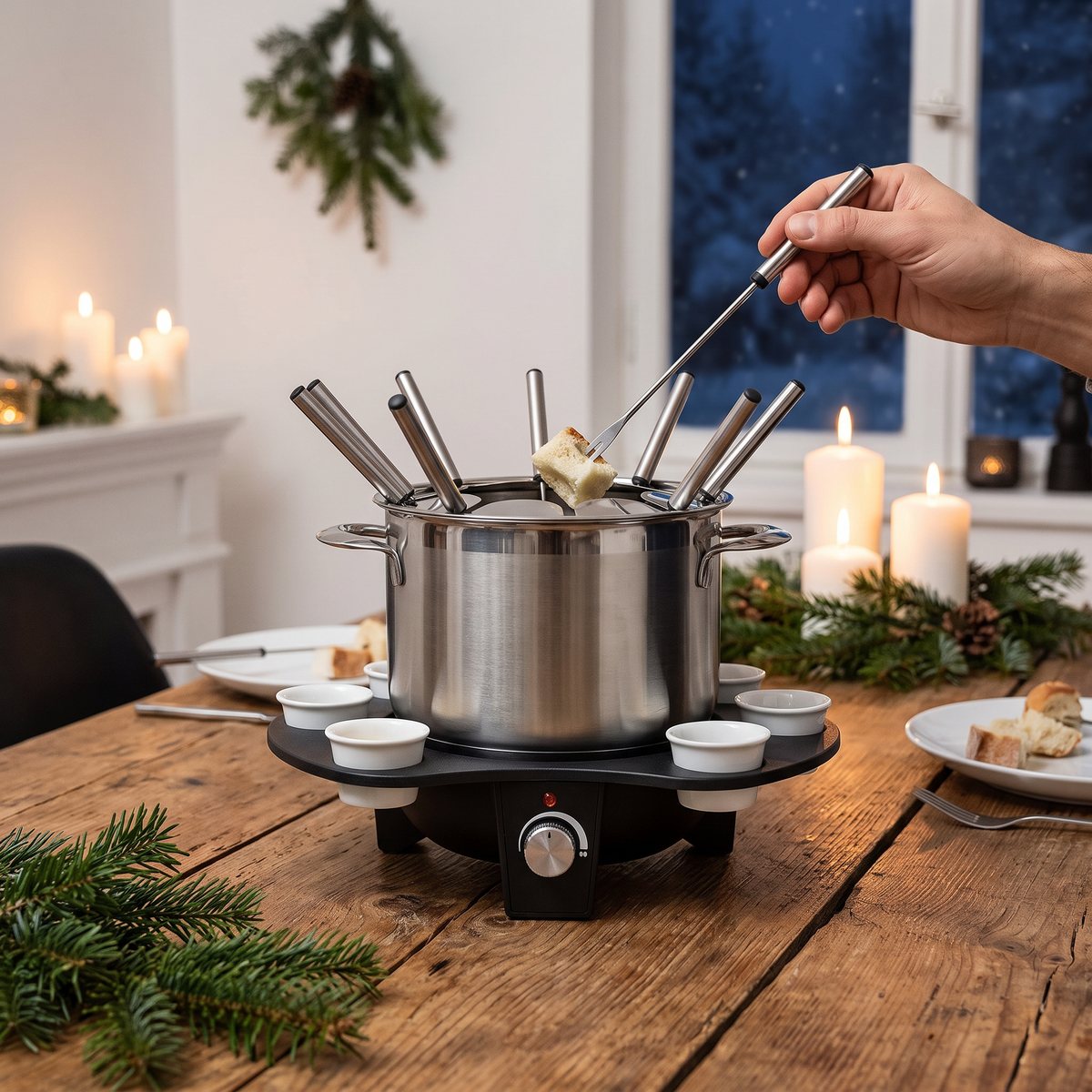 Unold Fondue Élégance på ett träbord med små såsskålar vid ett svenskt nyårsmiddag, där en brödbit doppas