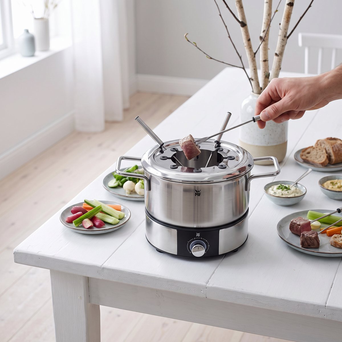 WMF Lono fondue i rostfritt stål på ett vitt matbord i ett ljust svenskt hem, där en köttbit doppas i grytan