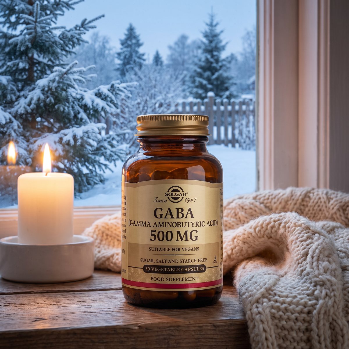 Solgar GABA-flaskan i brunt glas med guldlock på ett fönsterbräde i en svensk stuga med stickad pläd, ljus och snöig granskog utanför