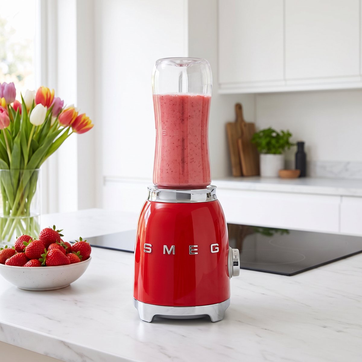 Röd Smeg personlig blender på en marmorbänk i ett vitt svenskt kök med jordgubbar och tulpaner