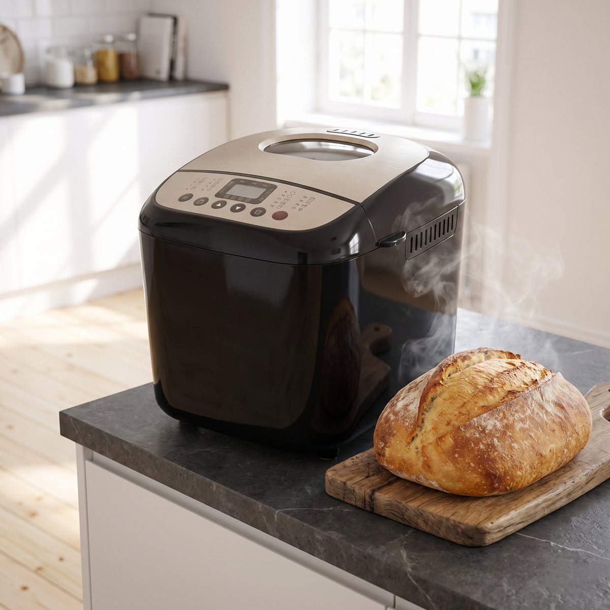 Svart Black+Decker-bakmaskin med beige metallpanel på en mörk bänk i ett svenskt kök, med en nybakad ångande limpa på en skärbräda