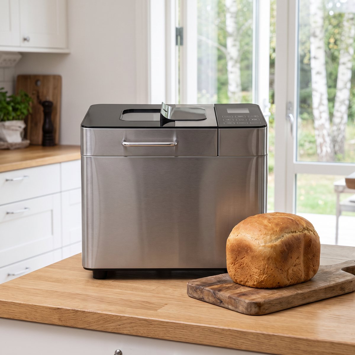 Rostfri bakmaskin från Gastroback på en bänk av ek i ett svenskt kök, med nybakad limpa på en skärbräda och björkar utanför fönstret