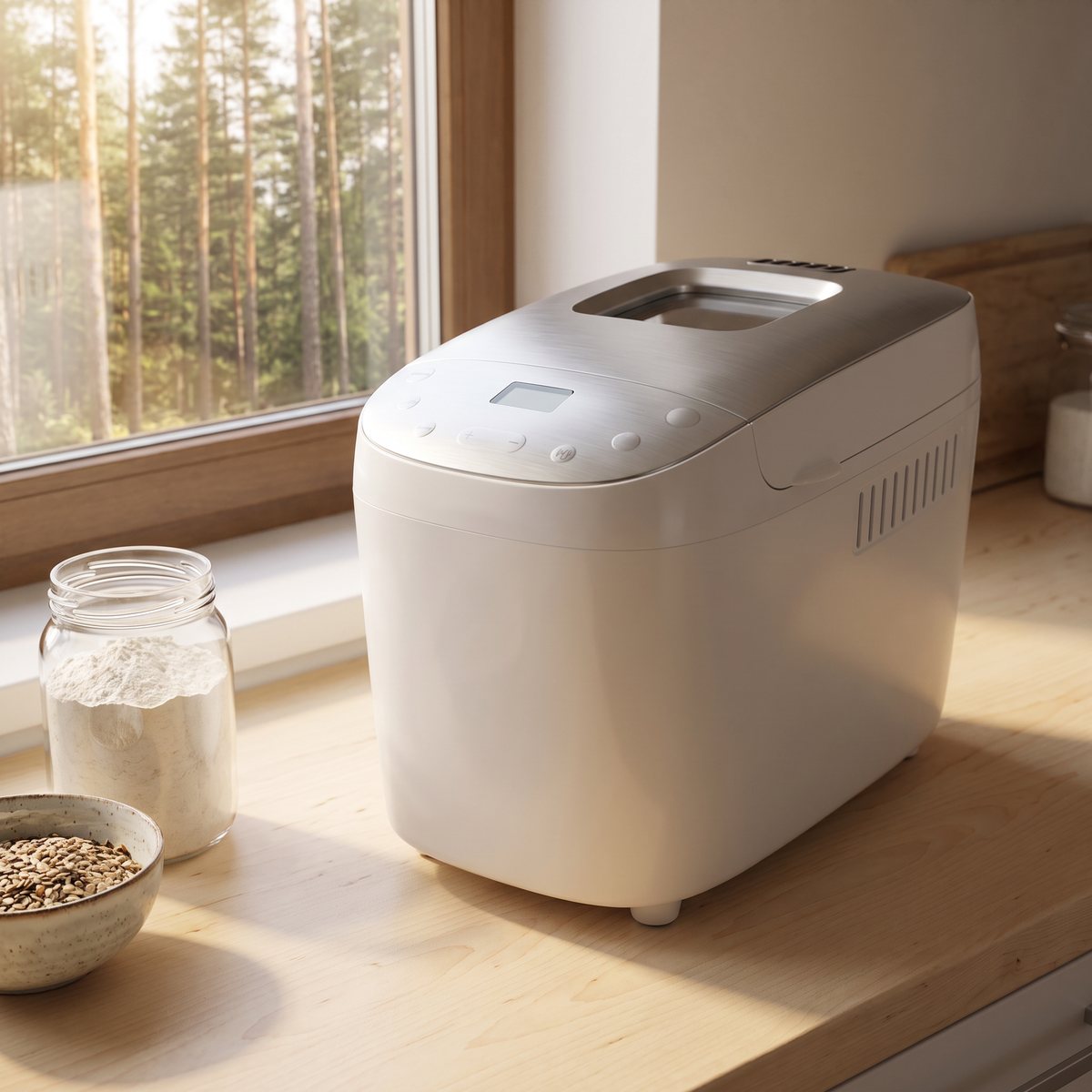 Vit Gorenje-bakmaskin med silverfärgad topp på en träbänk i ett svenskt sommarstugekök med tallskog utanför fönstret
