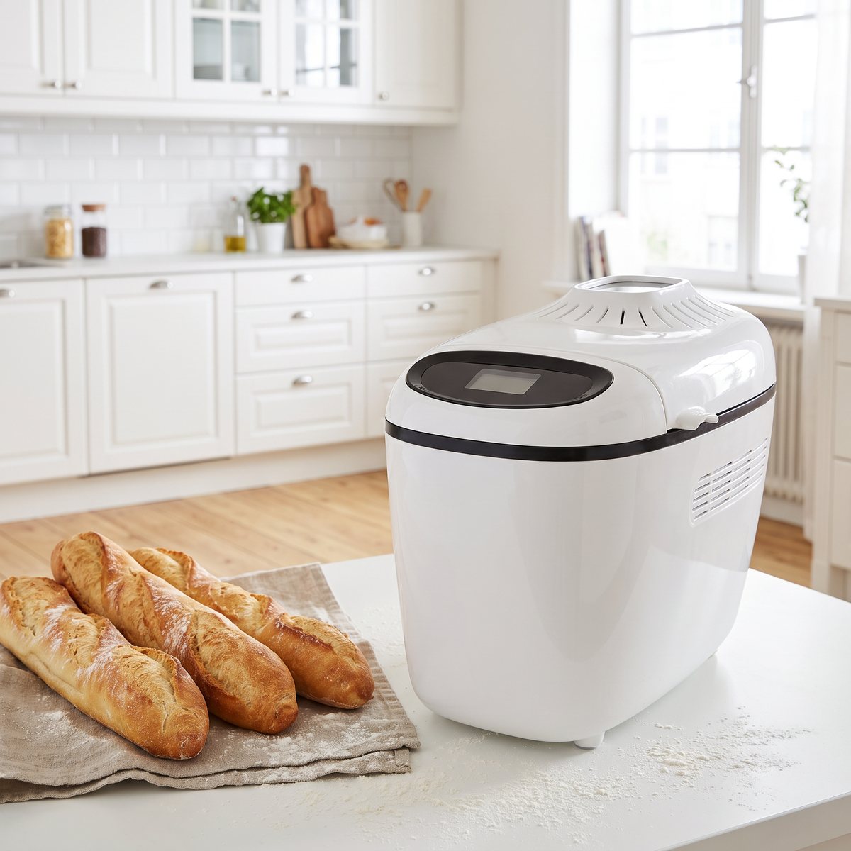 Vit Tefal-bakmaskin på en köksbänk i ett svenskt kök med nybakade baguetter på en linneduk bredvid