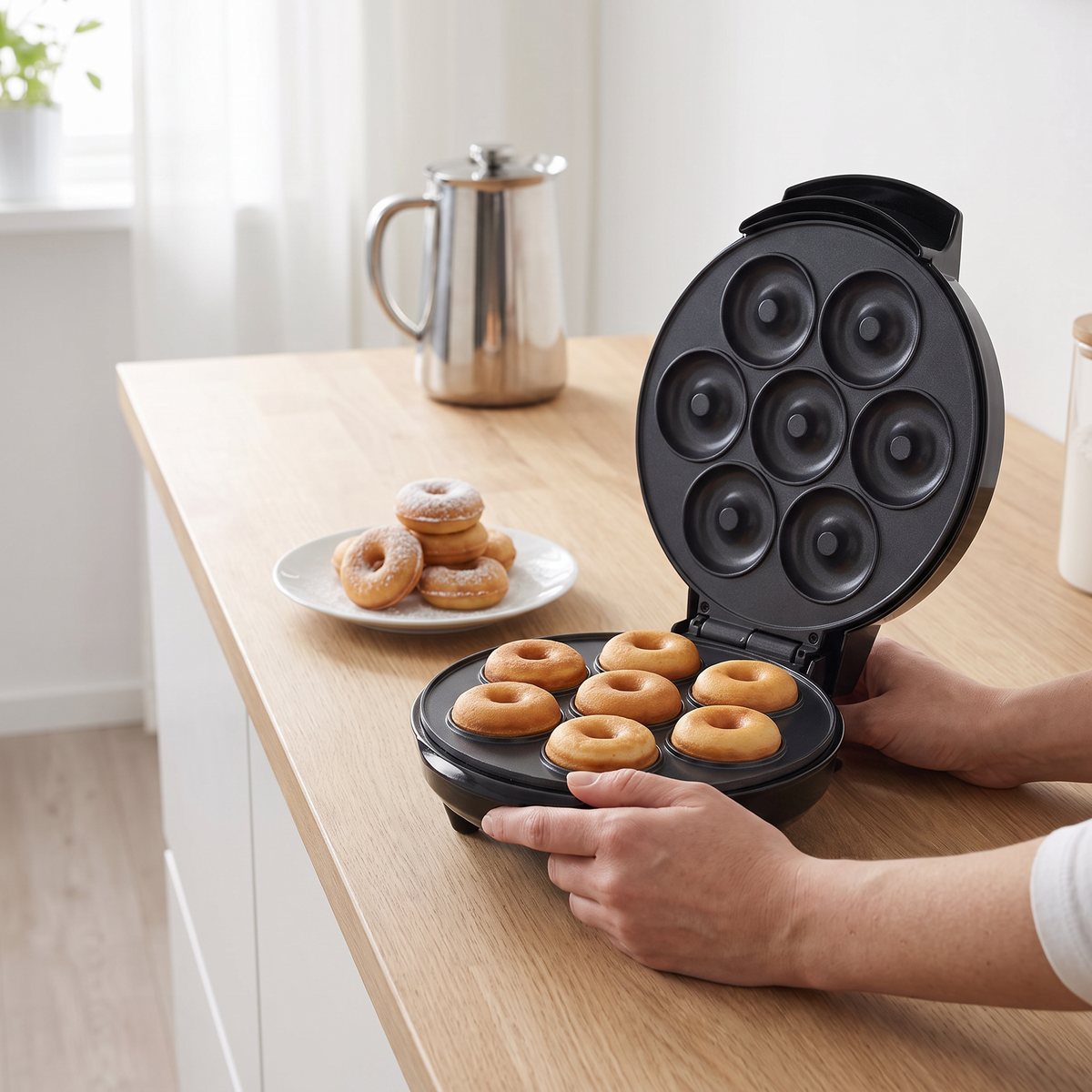 Svart minidonutjärn med sju formar öppet på en träbänk i ett ljust svenskt kök, nygräddade munkar i formarna