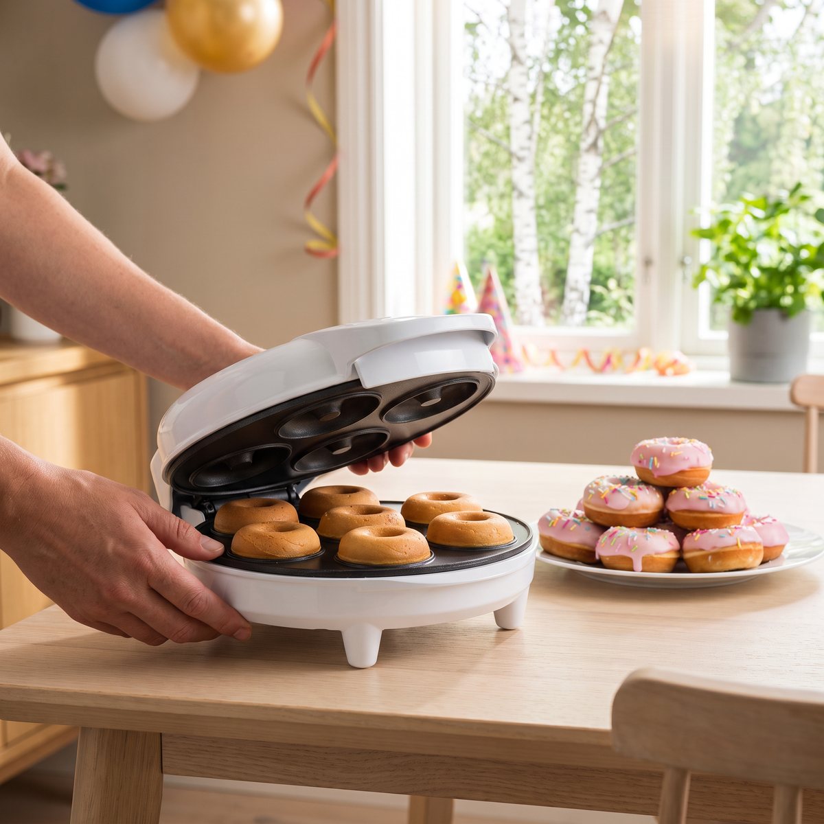 Vitt minidonutjärn med sju formar på ett träbord i ett ljust svenskt hem, med glaserade minimunkar på ett fat