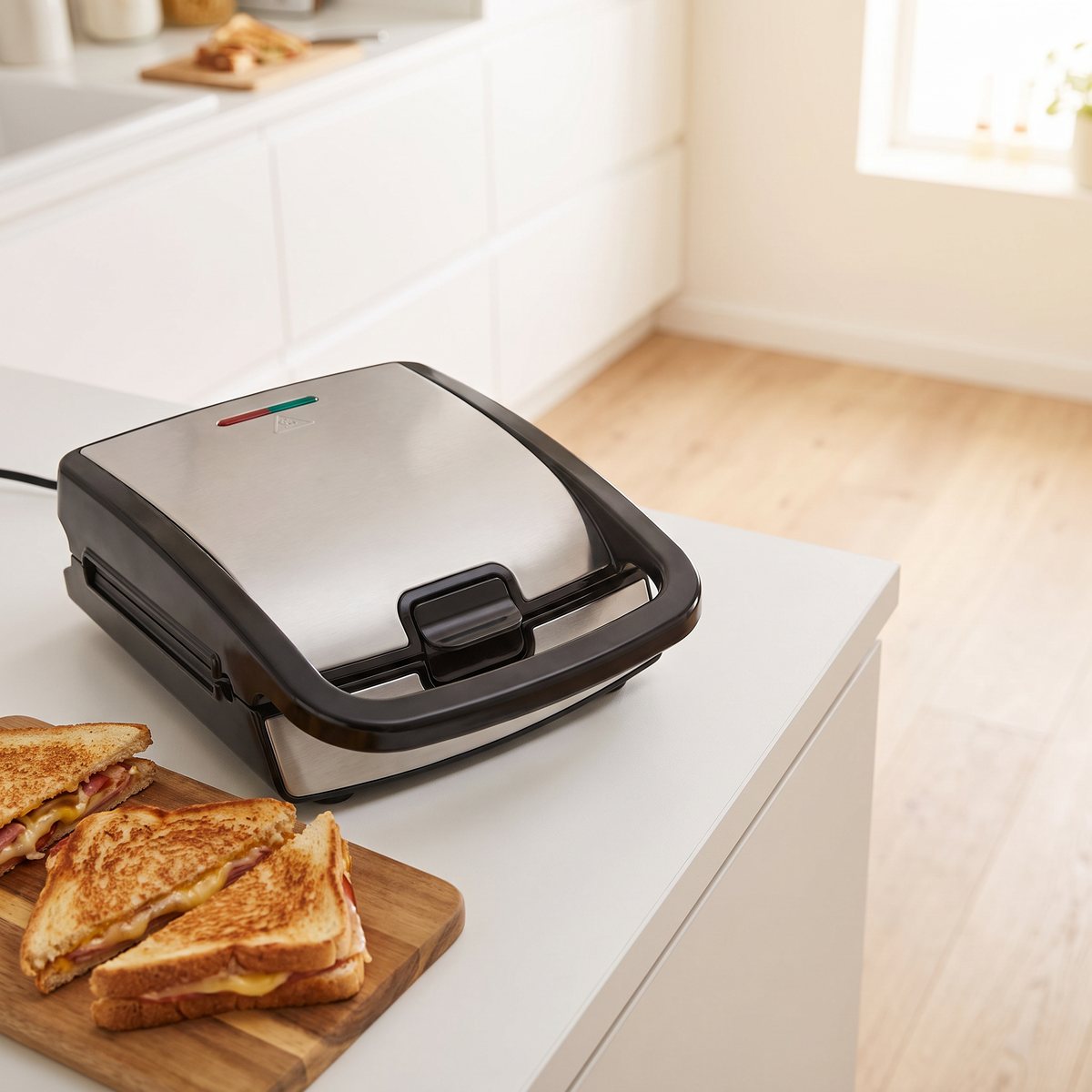 Tefal Snack Collection med rostfritt lock på en vit köksbänk i ett svenskt kök, med rostade mackor på en skärbräda