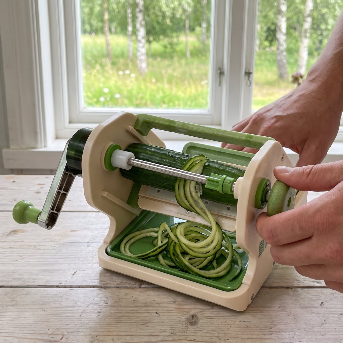 Chiba Mini Peel S med gurka som skärs till spiralband i ett svenskt sommarkök