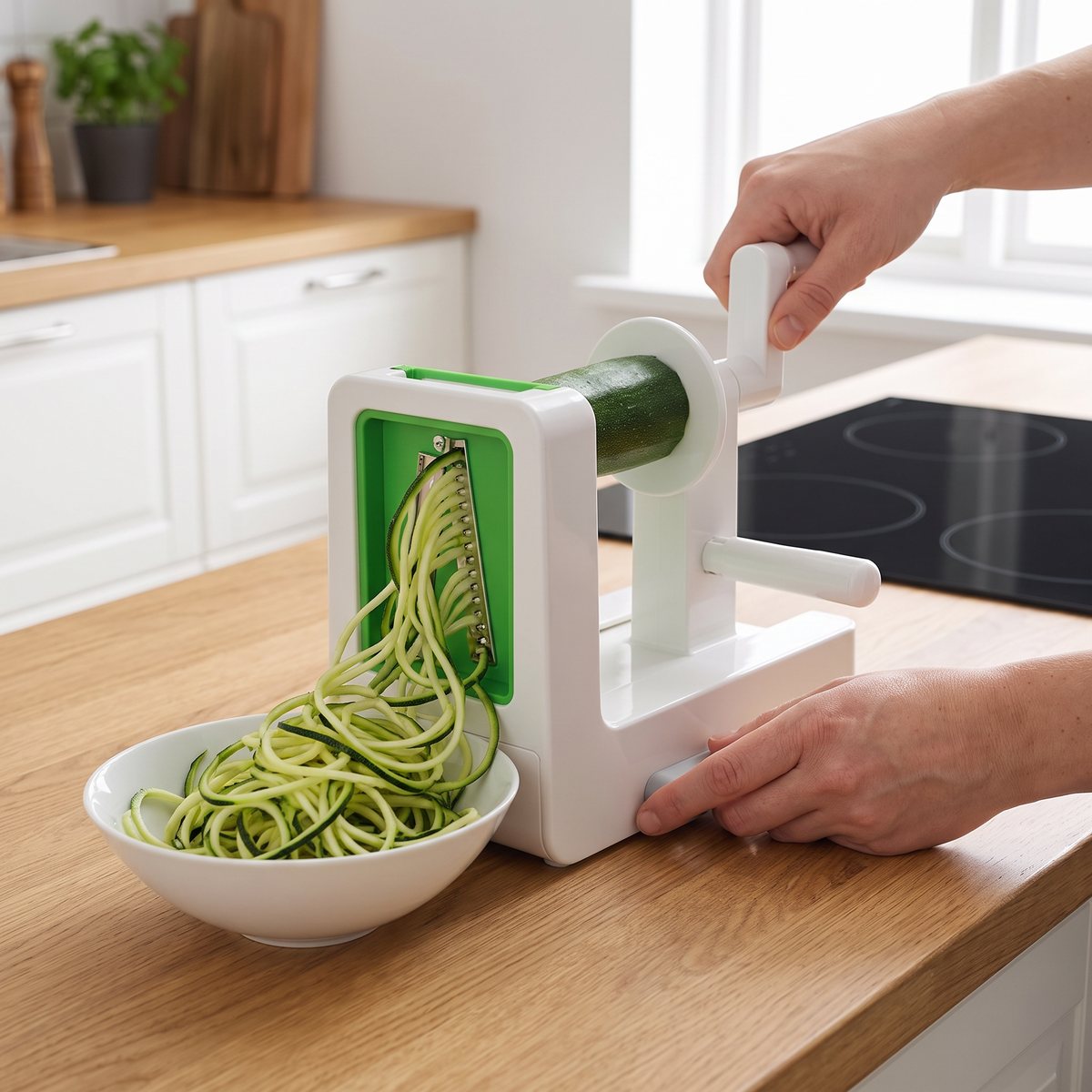 Oxo Good Grips Tabletop Spiralizer med zucchinispiraler som faller ner i en skål i ett svenskt kök