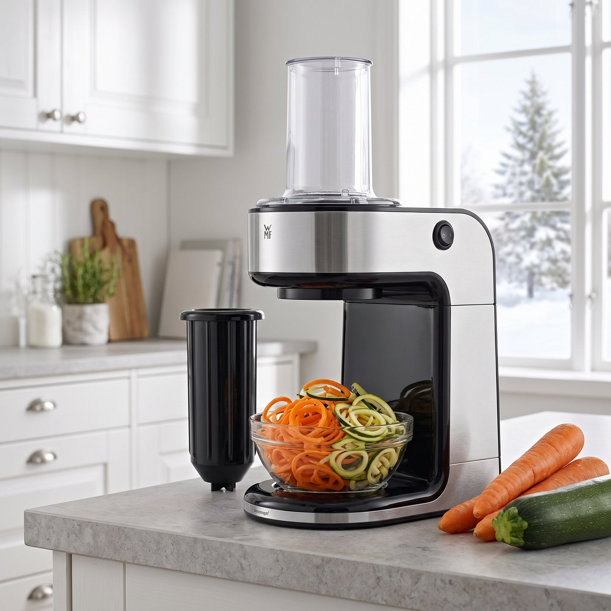 WMF Kult X Spiralizer med grönsaker och spiraler på en bänkskiva i ett svenskt kök
