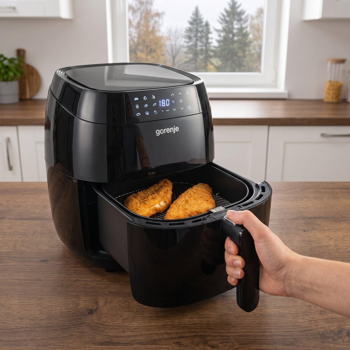 Gorenje AF1409DB med två panerade fiskfiléer i korgen på en bänkskiva av mörk ek, tallar utanför fönstret