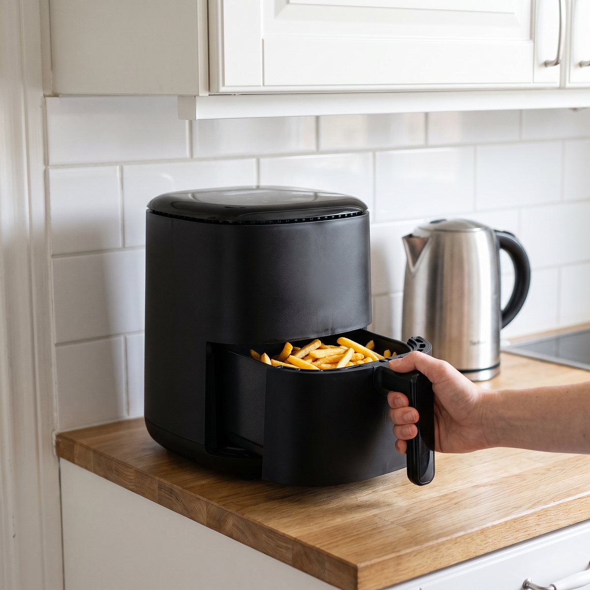 Tefal Easy Fry Compact med pommes frites i korgen bredvid en vattenkokare i ett litet svenskt kök med vitt kakel