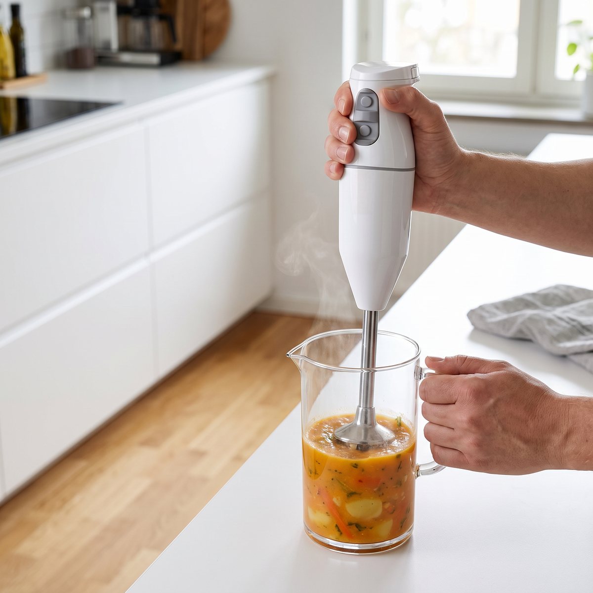 Vit Bamix Cordless stavmixer som mixar grönsakspuré i en glaskanna i ett svenskt kök