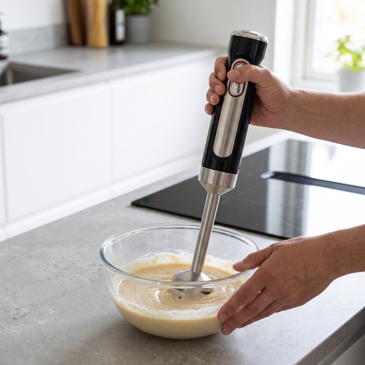 Hâws SBT100 trådlös stavmixer som vispar pannkaksmet i en glasskål i ett svenskt kök