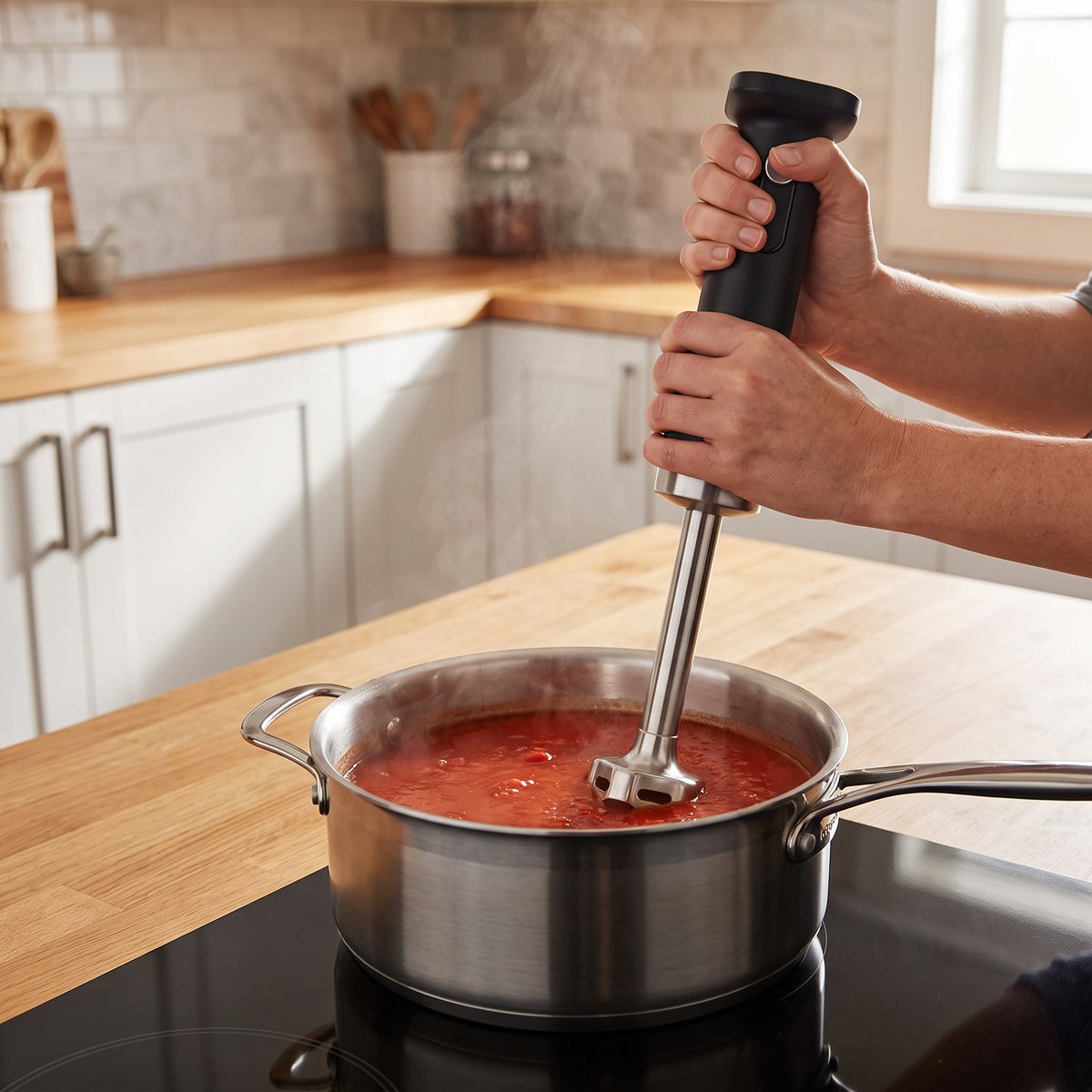 Svart sladdlös KitchenAid Artisan stavmixer som mixar tomatsoppa i en kastrull på induktionshäll