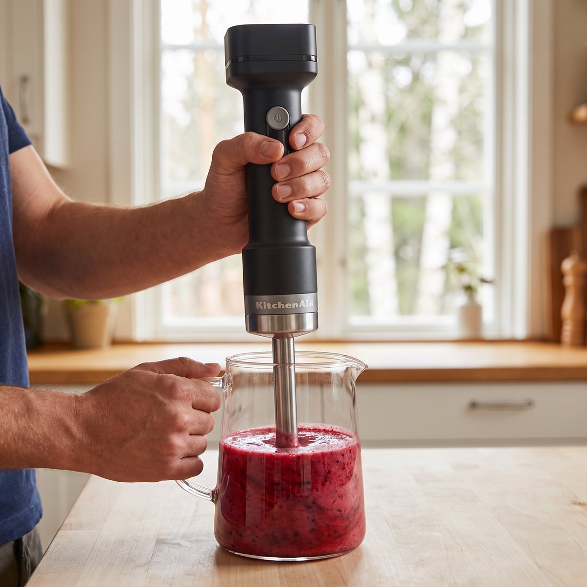 Sladdlös KitchenAid Go stavmixer som mixar en bärsmoothie i en glaskanna vid ett fönster i ett svenskt kök