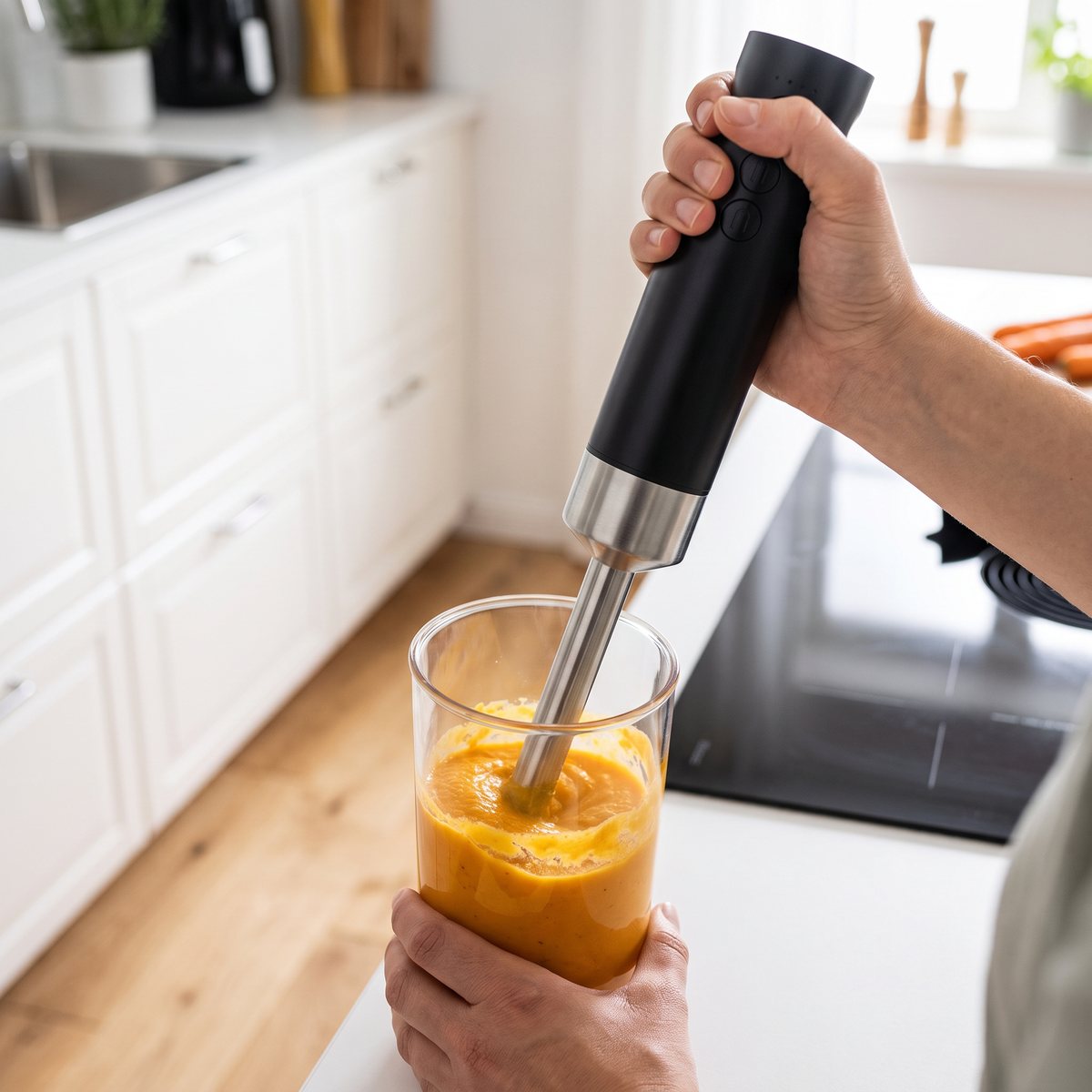 Svart trådlös stavmixer från Zwilling som mixar morotssoppa i en mätbägare i ett svenskt kök