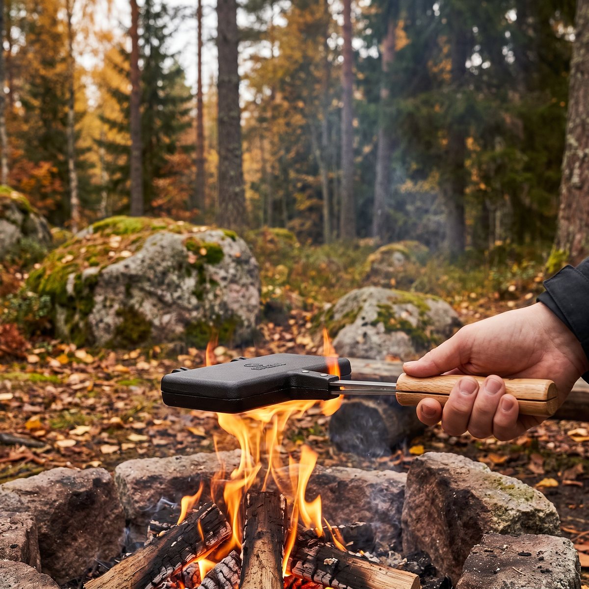 Hand som håller ett svart toastjärn i gjutjärn med träskaft över en lägereld i svensk höstskog