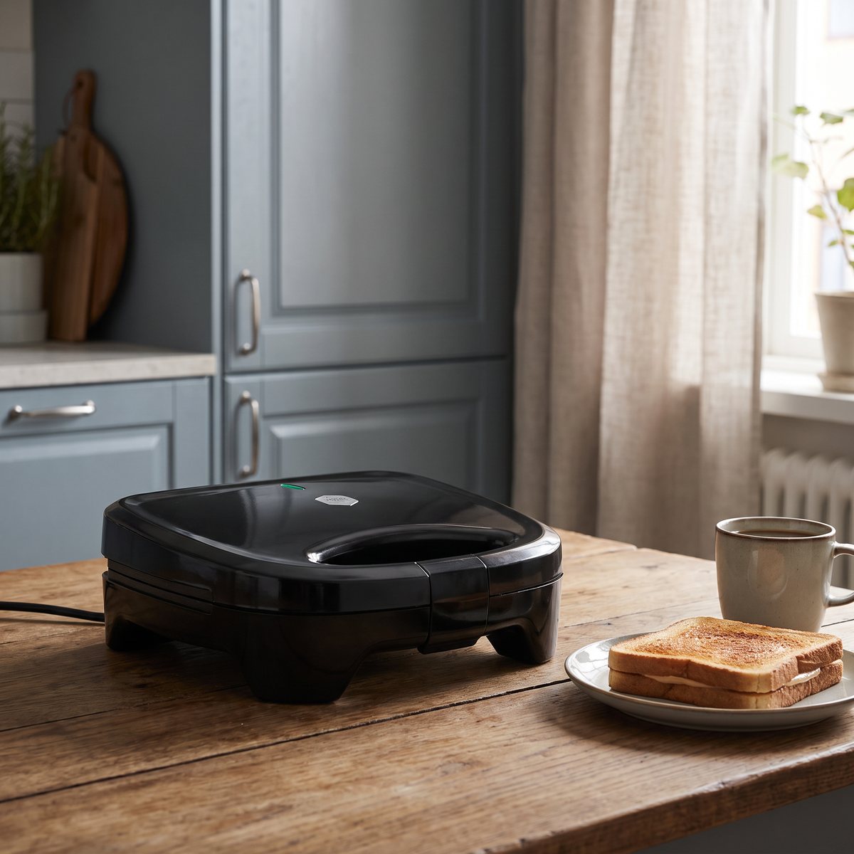 Kompakt svart smörgåsjärn på ett köksbord i en svensk lägenhet, med toast och kaffekopp bredvid